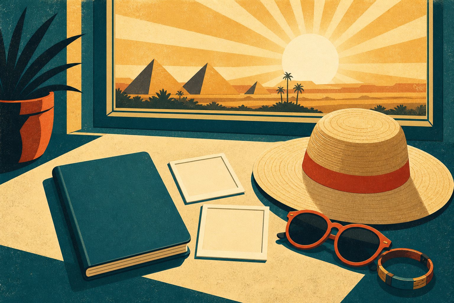 Illustration affiche vintage : un passeport fermé, deux photos d'identité vierges, des lunettes de soleil et un chapeau posés sur une table, lumière du matin sur fond de désert