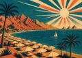 Voyage en Égypte tout inclus : illustration affiche vintage d'une baie de la mer Rouge avec parasols, palmiers, montagnes du désert et pyramides au loin