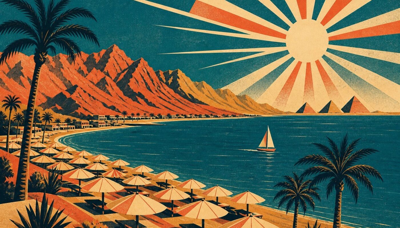 Voyage en Égypte tout inclus : illustration affiche vintage d'une baie de la mer Rouge avec parasols, palmiers, montagnes du désert et pyramides au loin
