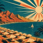 Voyage en Égypte tout inclus : illustration affiche vintage d'une baie de la mer Rouge avec parasols, palmiers, montagnes du désert et pyramides au loin