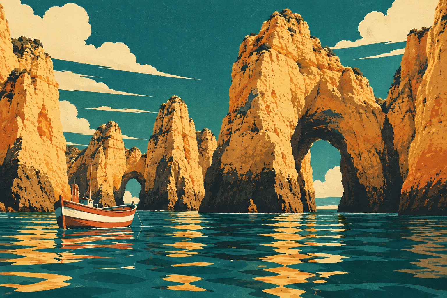Illustration affiche vintage : falaises dorées et arches rocheuses de la côte Algarve près de Lagos, barque de pêche en bois sur une mer calme