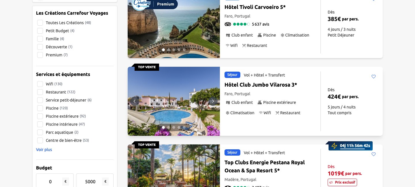Capture du listing Carrefour Voyages du 9 septembre 2026 : offres Portugal à Faro avec le Tivoli Carvoeiro 5 étoiles dès 385 euros en petit déjeuner pour 4 jours et 3 nuits