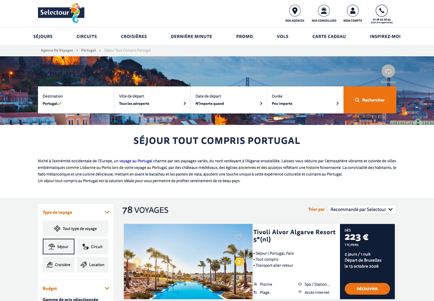Capture du listing Selectour du 9 septembre 2026 : Tivoli Alvor Algarve Resort 5 étoiles dès 223 euros TTC par personne en tout compris, pour 2 jours et 1 nuit, départ de Bruxelles le 13 octobre 2026
