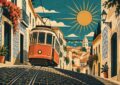 Illustration affiche vintage d'un tramway corail gravissant une rue étroite pavée de Lisbonne entre des facades crème et bleu
