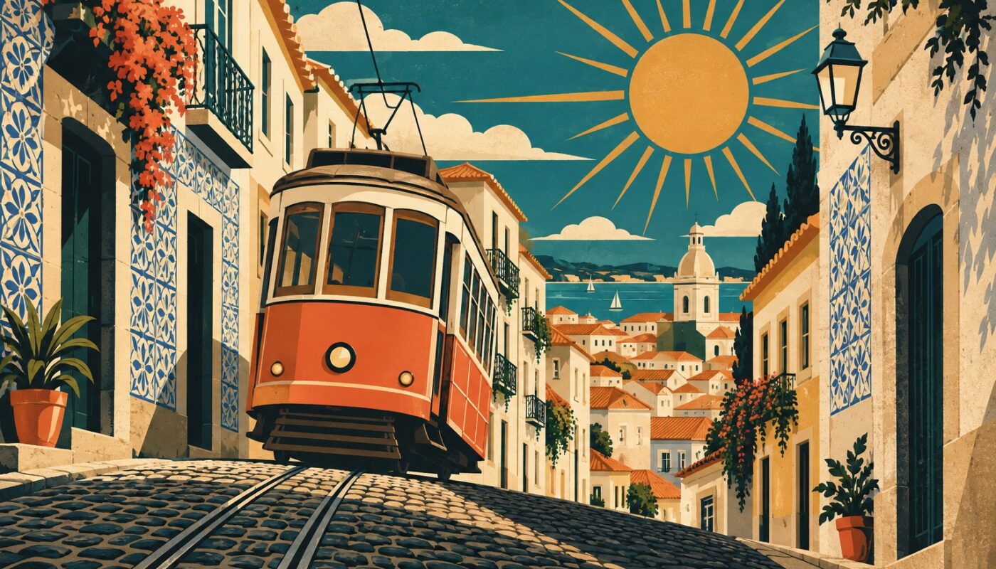Illustration affiche vintage d'un tramway corail gravissant une rue étroite pavée de Lisbonne entre des facades crème et bleu
