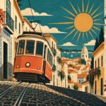 Illustration affiche vintage d'un tramway corail gravissant une rue étroite pavée de Lisbonne entre des facades crème et bleu