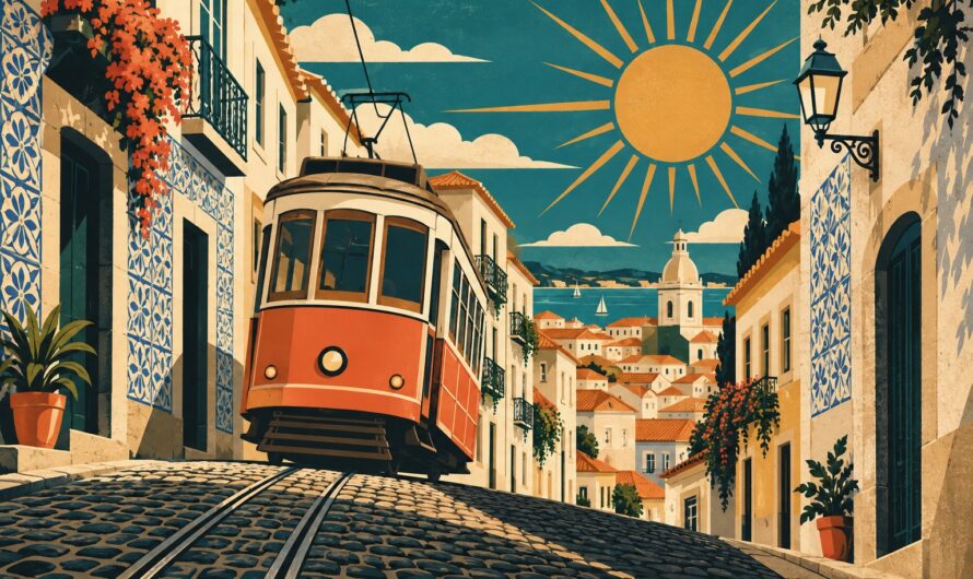 Illustration affiche vintage d'un tramway corail gravissant une rue étroite pavée de Lisbonne entre des facades crème et bleu