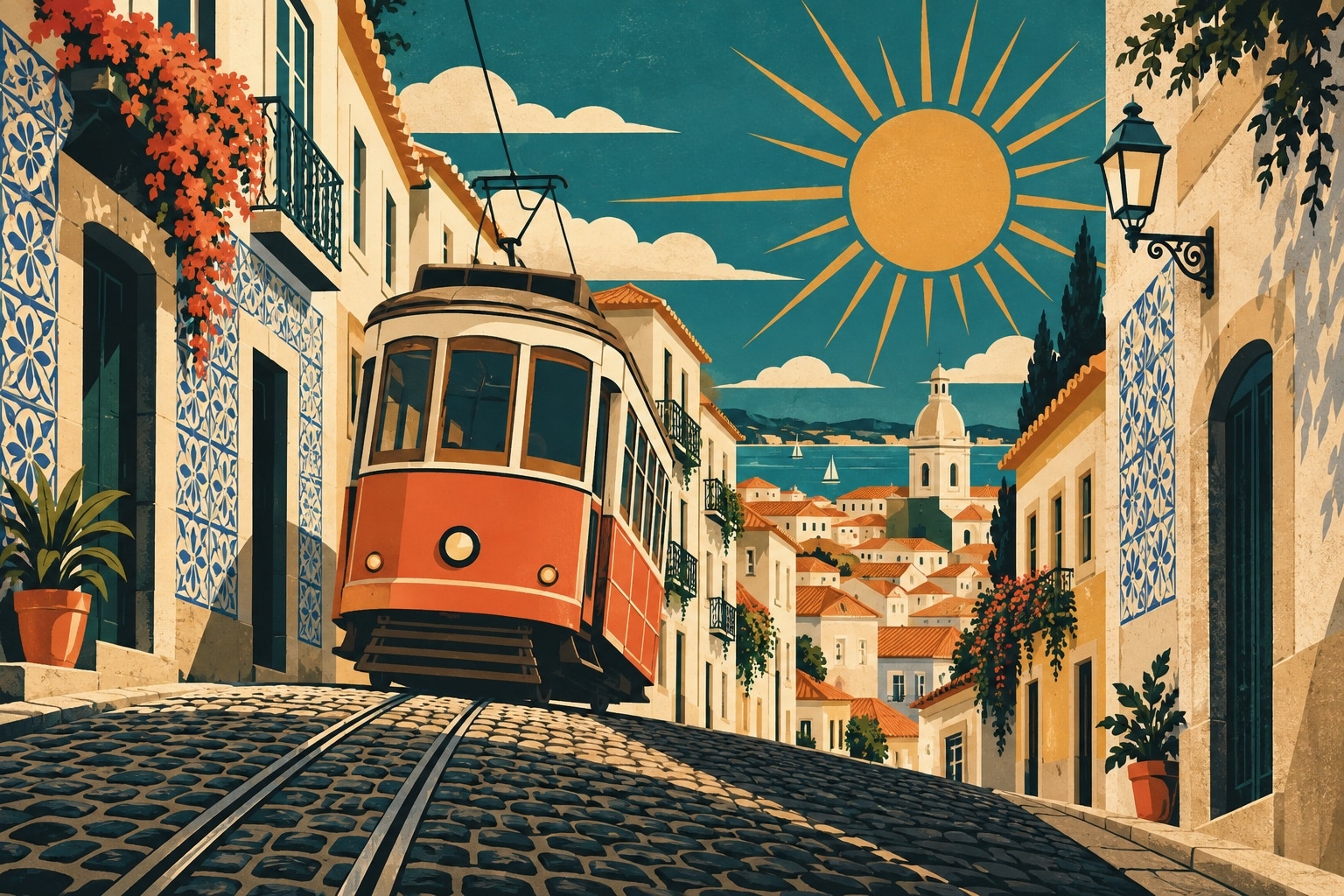 Illustration affiche vintage d'un tramway corail gravissant une rue étroite pavée de Lisbonne entre des facades crème et bleu