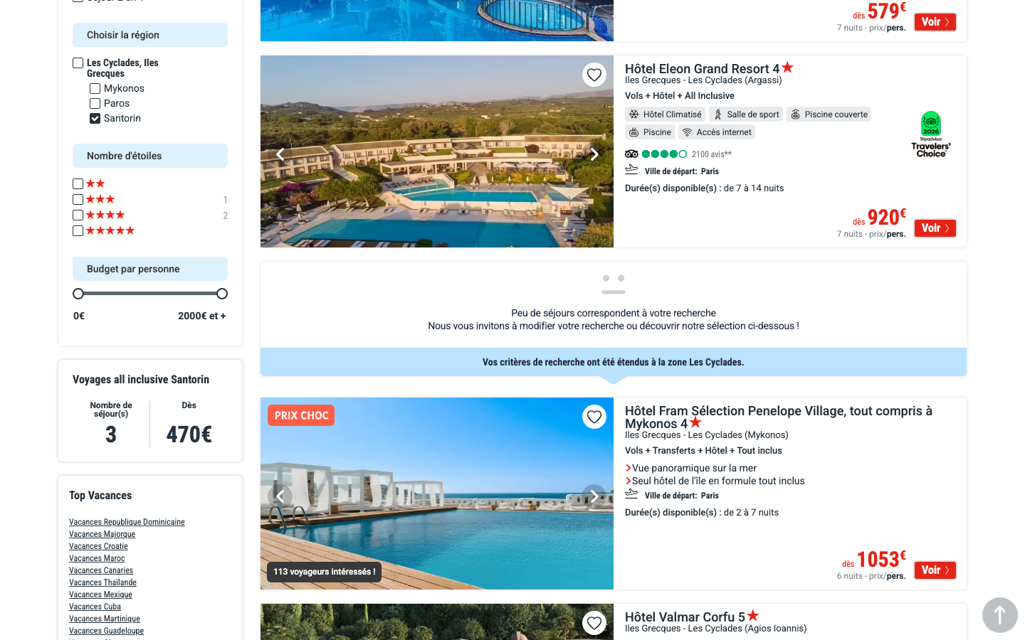 Page Fram intitulée Voyage all inclusive Santorin : les trois offres affichées sont des hôtels d'Argassi, sur l'île de Zante, capture du 22 septembre 2026