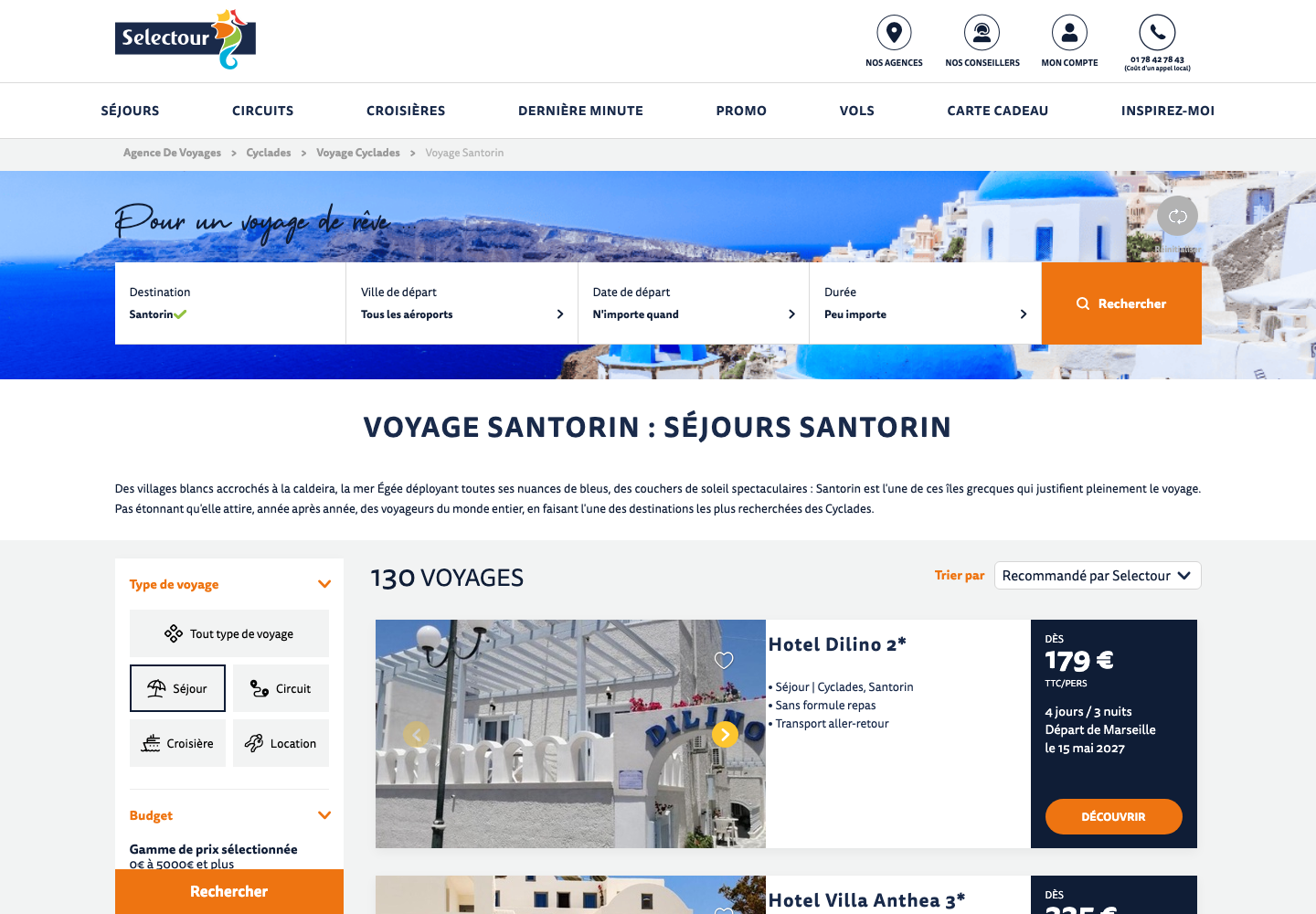 Listing Selectour des séjours Santorin au 22 septembre 2026 : prix d'appel à partir de 179 euros pour 4 jours et 3 nuits au départ de Marseille, en logement seul