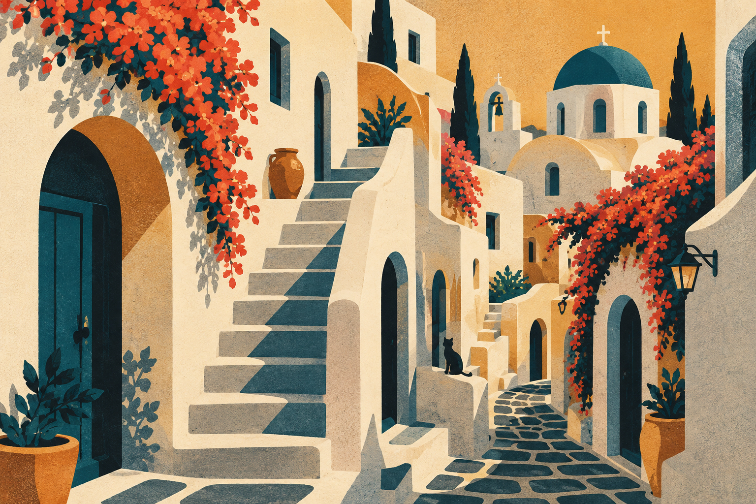 Illustration façon affiche de voyage vintage d'une ruelle blanche de Santorin avec escaliers, bougainvillée corail et dôme bleu dans la lumière du soir