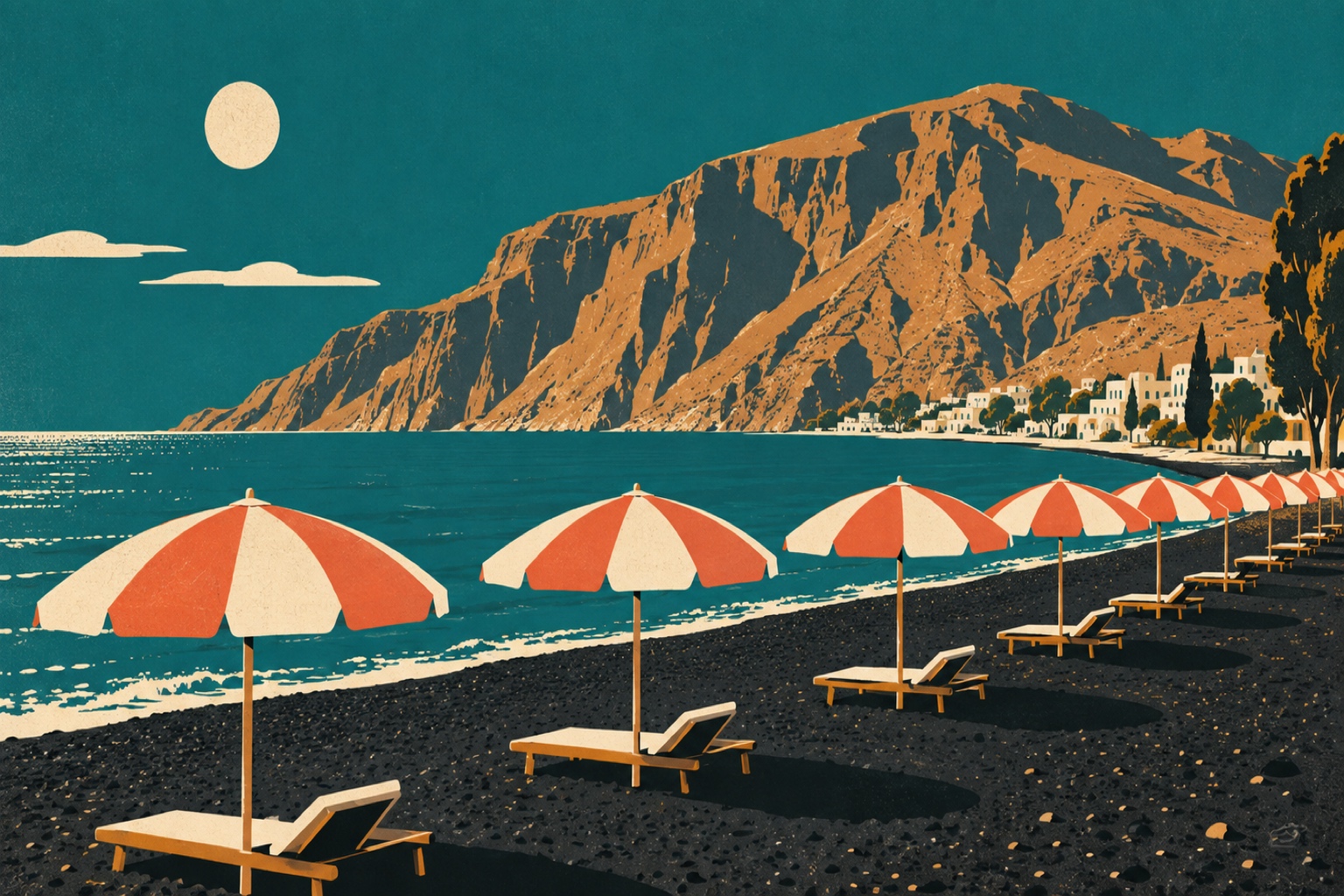 Illustration façon affiche de voyage vintage d'une plage de sable volcanique noir à Santorin, parasols crème et corail alignés, mer teal calme, montagne Mesa Vouno en arrière plan