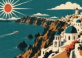 Affiche de voyage vintage de Santorin : villages blancs et dômes suspendus aux falaises de la caldeira, moulin, ferry et soleil rayonnant sur mer teal