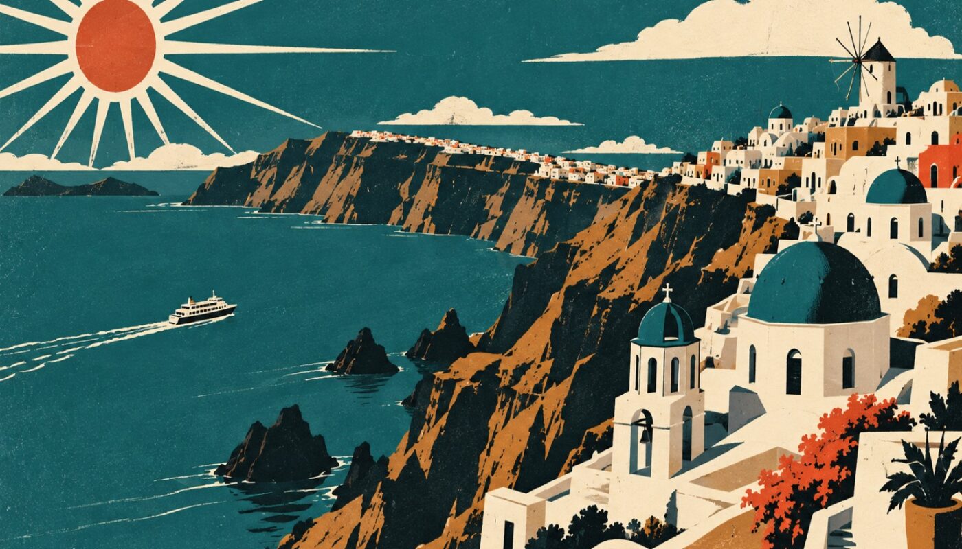 Affiche de voyage vintage de Santorin : villages blancs et dômes suspendus aux falaises de la caldeira, moulin, ferry et soleil rayonnant sur mer teal