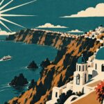 Affiche de voyage vintage de Santorin : villages blancs et dômes suspendus aux falaises de la caldeira, moulin, ferry et soleil rayonnant sur mer teal