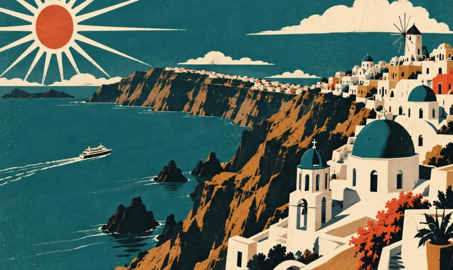 Affiche de voyage vintage de Santorin : villages blancs et dômes suspendus aux falaises de la caldeira, moulin, ferry et soleil rayonnant sur mer teal