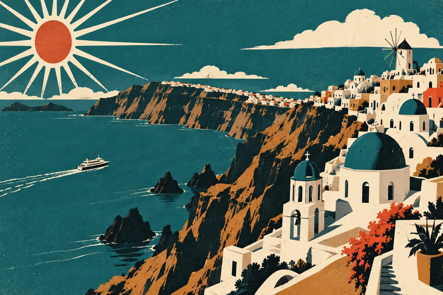 Affiche de voyage vintage de Santorin : villages blancs et dômes suspendus aux falaises de la caldeira, moulin, ferry et soleil rayonnant sur mer teal