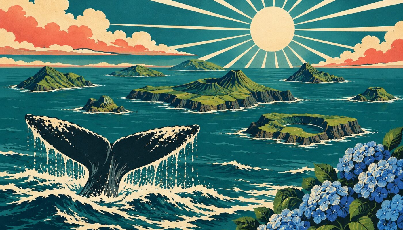 Illustration des Açores : neuf îles volcaniques vertes au milieu de l'Atlantique, une queue de baleine et des hortensias, en affiche de voyage vintage