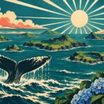Illustration des Açores : neuf îles volcaniques vertes au milieu de l'Atlantique, une queue de baleine et des hortensias, en affiche de voyage vintage