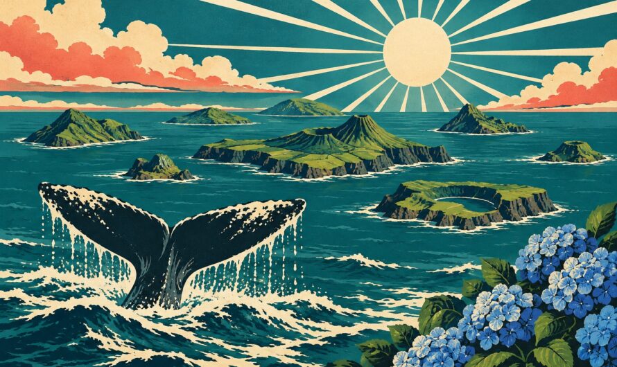 Illustration des Açores : neuf îles volcaniques vertes au milieu de l'Atlantique, une queue de baleine et des hortensias, en affiche de voyage vintage