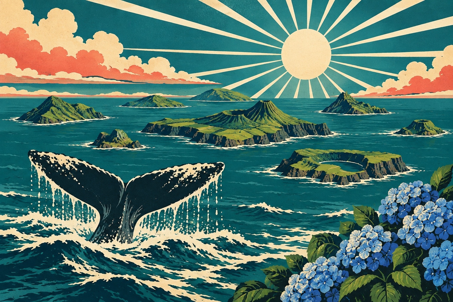 Illustration des Açores : neuf îles volcaniques vertes au milieu de l'Atlantique, une queue de baleine et des hortensias, en affiche de voyage vintage