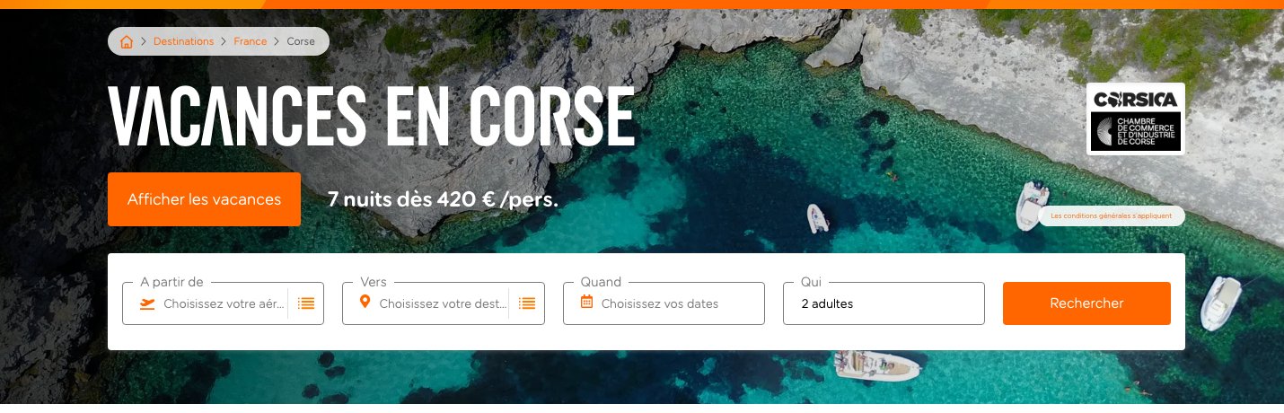 Bannière de la page vacances en Corse d easyJet Holidays : 7 nuits dès 420 euros par personne, relevé du 17 septembre 2026