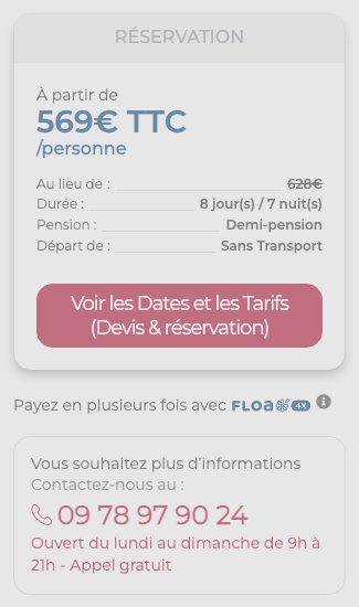 Bloc réservation Havas Voyages du Club Marina Viva à Porticcio : à partir de 569 euros TTC par personne en demi-pension, 8 jours et 7 nuits, sans transport, relevé du 17 septembre 2026