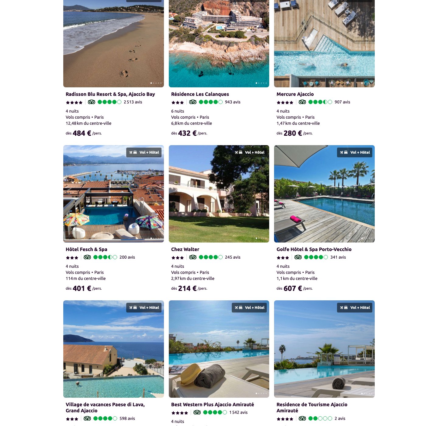 Offres vol et hôtel en Corse relevées sur lastminute.com le 17 septembre 2026 : Mercure Ajaccio dès 280 euros par personne en 4 nuits, Radisson Blu Ajaccio Bay dès 484 euros, vols compris au départ de Paris