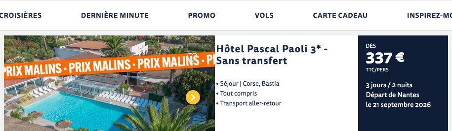 Capture de l'offre Hôtel Pascal Paoli 3 étoiles tout compris au départ de Nantes à 337 euros TTC par personne, 3 jours et 2 nuits, relevée le 17 septembre 2026 sur Selectour