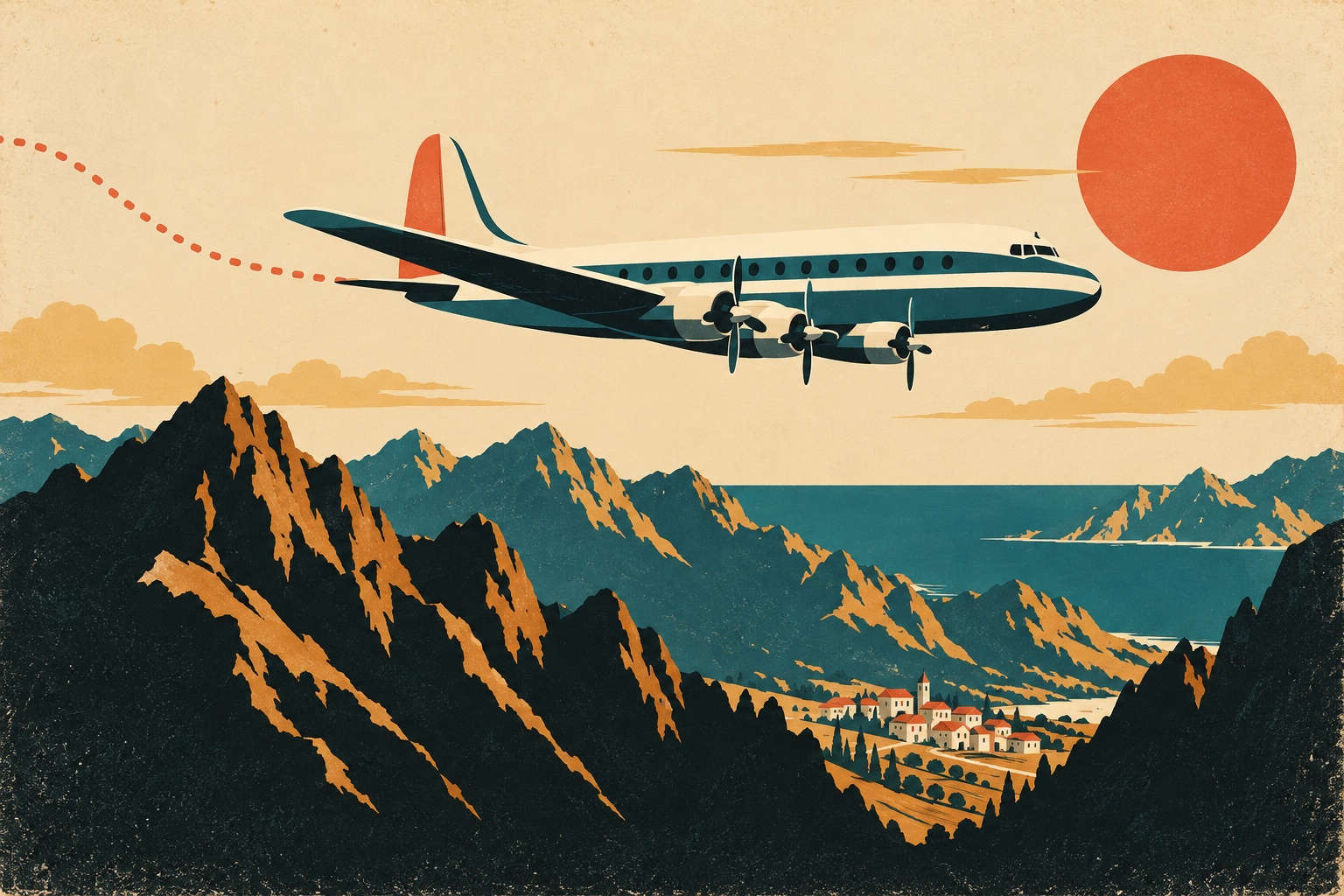 Illustration façon affiche vintage d un avion à hélices survolant les montagnes corses, village aux toits rouges dans la vallée et mer au loin