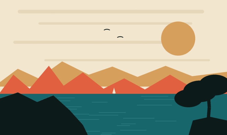 Illustration façon affiche de voyage vintage : falaises ocres de Corse, mer turquoise profonde et pin maritime au coucher du soleil
