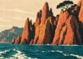 Illustration façon affiche de voyage vintage des falaises de granit rouge de Piana en Corse, mer turquoise profonde et pin maritime en silhouette