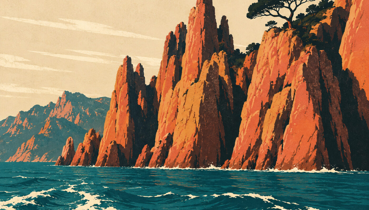Illustration façon affiche de voyage vintage des falaises de granit rouge de Piana en Corse, mer turquoise profonde et pin maritime en silhouette
