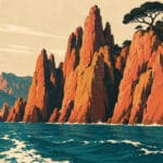 Illustration façon affiche de voyage vintage des falaises de granit rouge de Piana en Corse, mer turquoise profonde et pin maritime en silhouette
