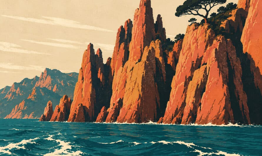 Illustration façon affiche de voyage vintage des falaises de granit rouge de Piana en Corse, mer turquoise profonde et pin maritime en silhouette