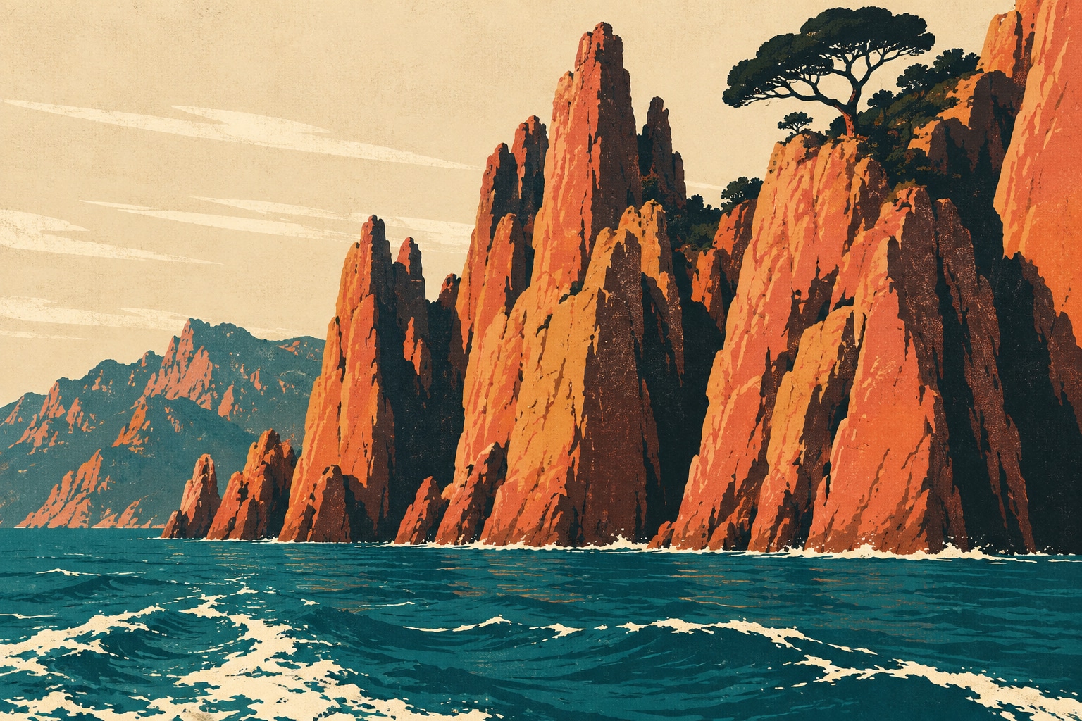 Illustration façon affiche de voyage vintage des falaises de granit rouge de Piana en Corse, mer turquoise profonde et pin maritime en silhouette
