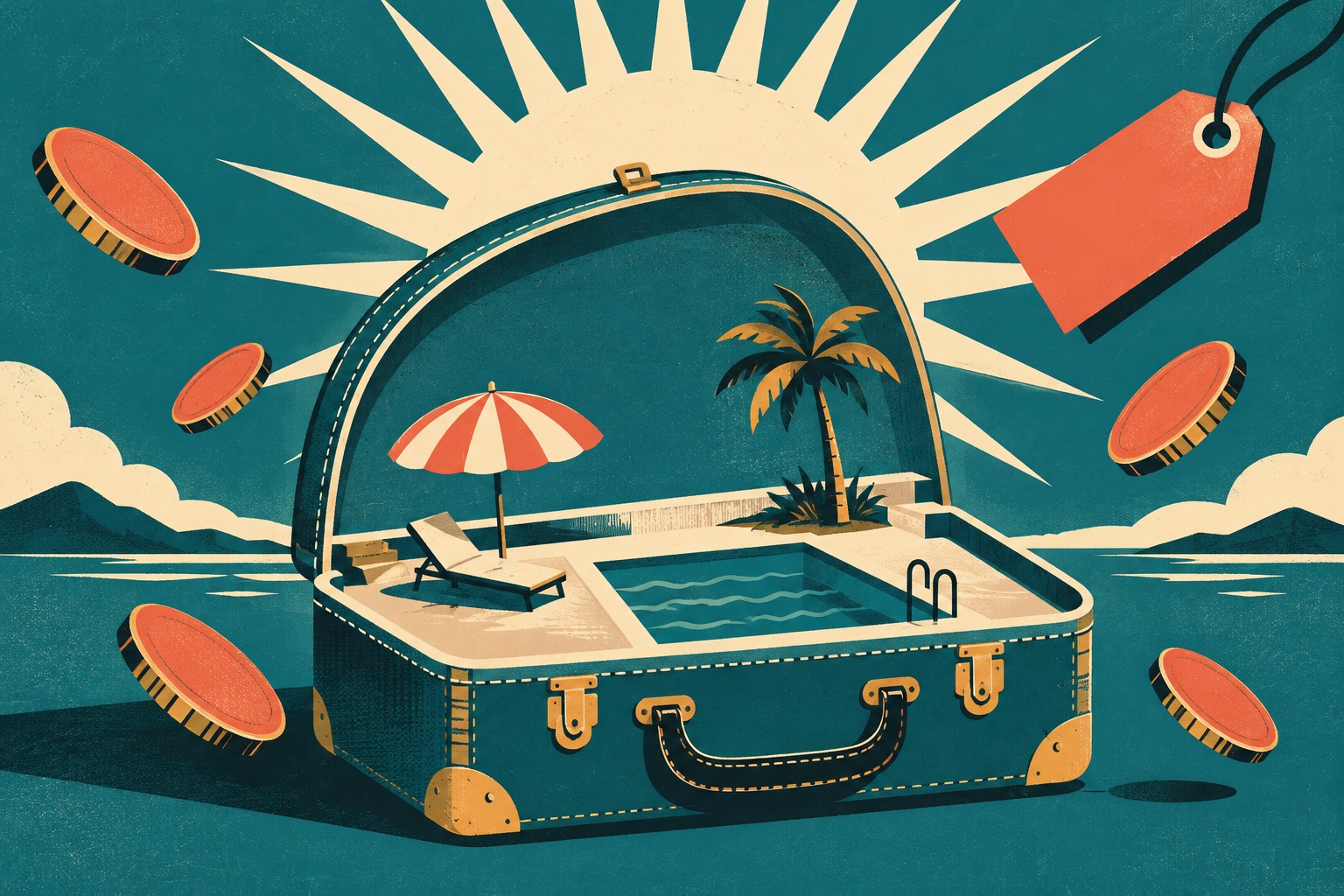Affiche vintage d'une grande valise ouverte contenant une scène de plage miniature, entourée de pièces de monnaie