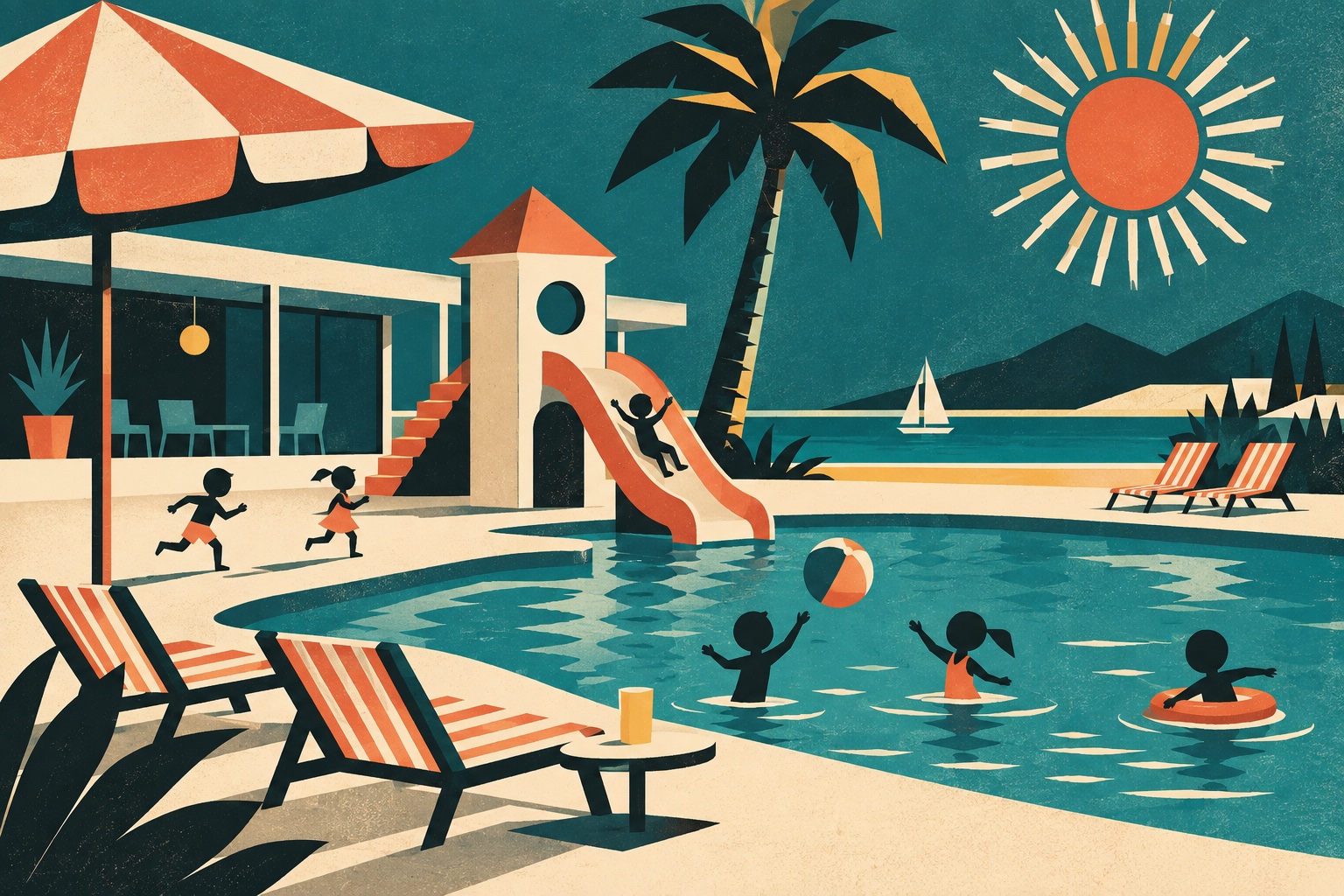 Illustration façon affiche rétro d'un club enfants avec piscine, toboggan et parasol rayé