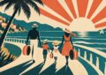 Affiche vintage d'une famille stylisée avec des valises marchant vers un soleil rayonnant au bord de la mer