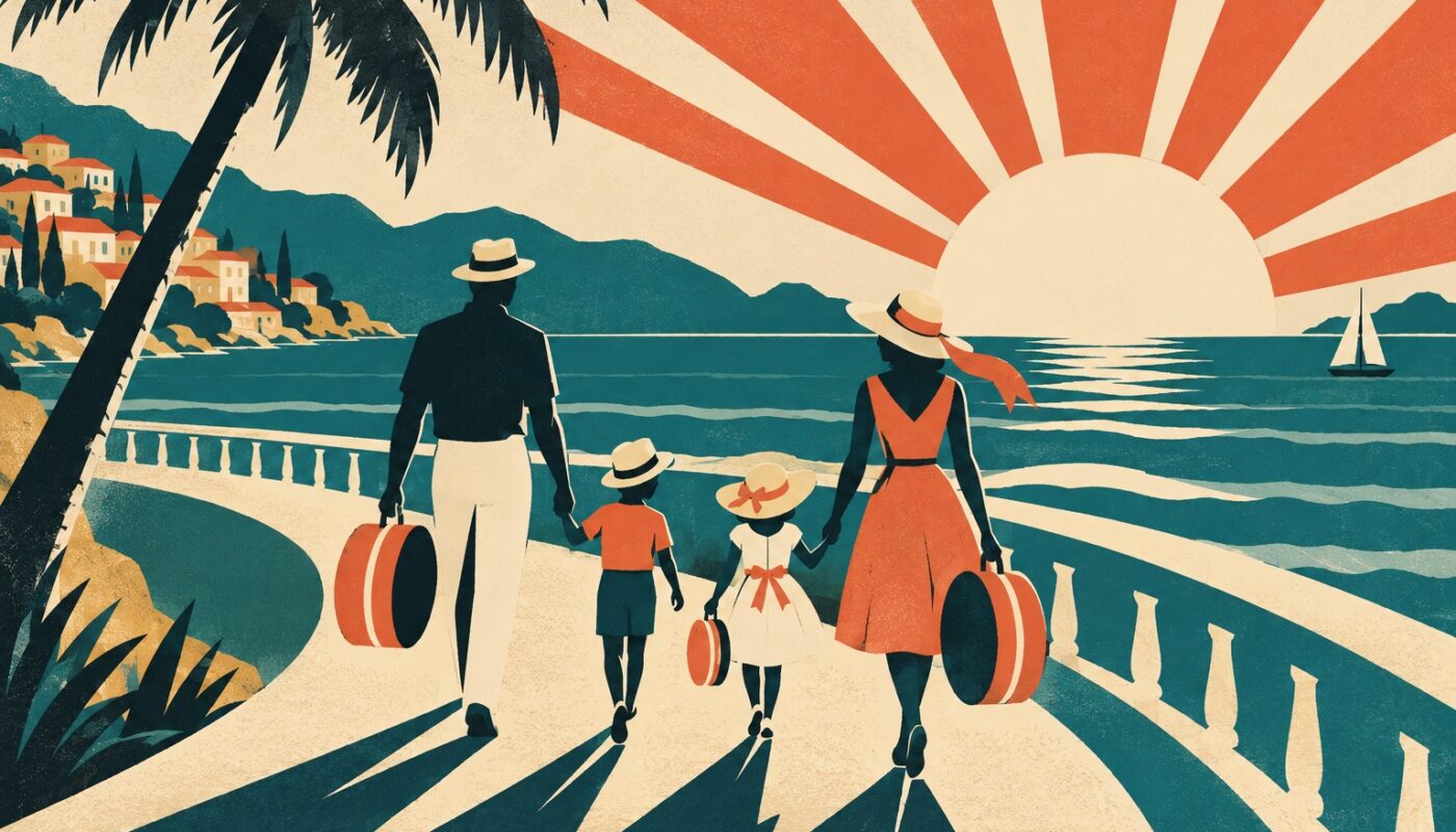Affiche vintage d'une famille stylisée avec des valises marchant vers un soleil rayonnant au bord de la mer