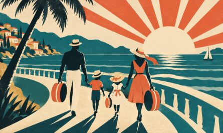 Affiche vintage d'une famille stylisée avec des valises marchant vers un soleil rayonnant au bord de la mer