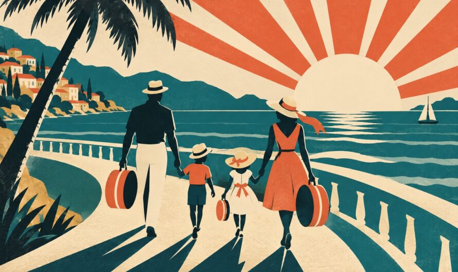 Affiche vintage d'une famille stylisée avec des valises marchant vers un soleil rayonnant au bord de la mer