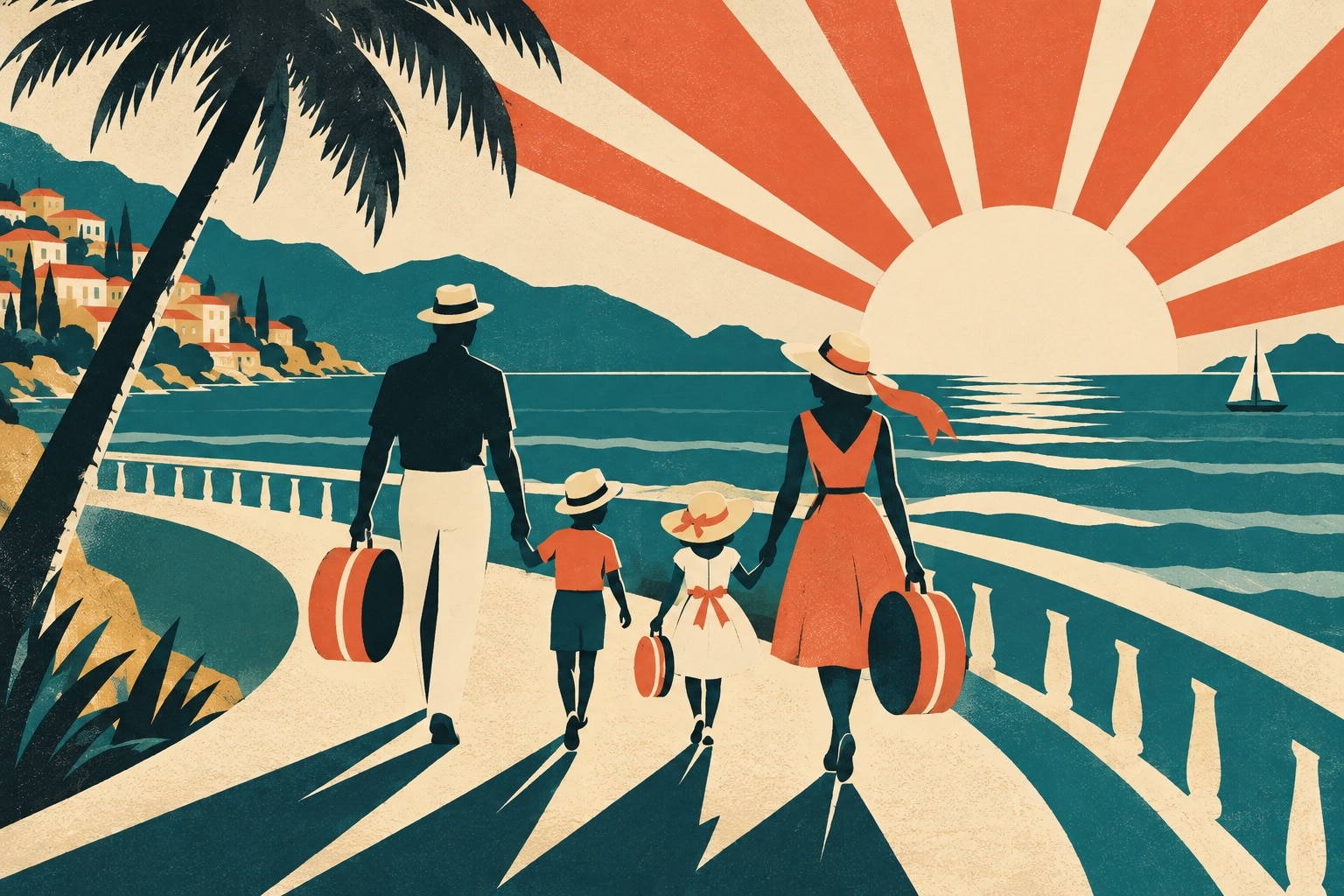 Affiche vintage d'une famille stylisée avec des valises marchant vers un soleil rayonnant au bord de la mer