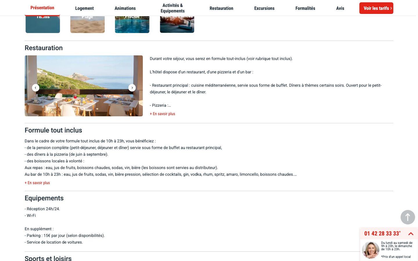 Capture du 23 septembre 2026 de la fiche Fram du Club Jumbo Castelsardo : le paragraphe Formule tout inclus détaille la pension complète au buffet, les boissons locales de 10h à 23h et les snacks de 16h à 17h