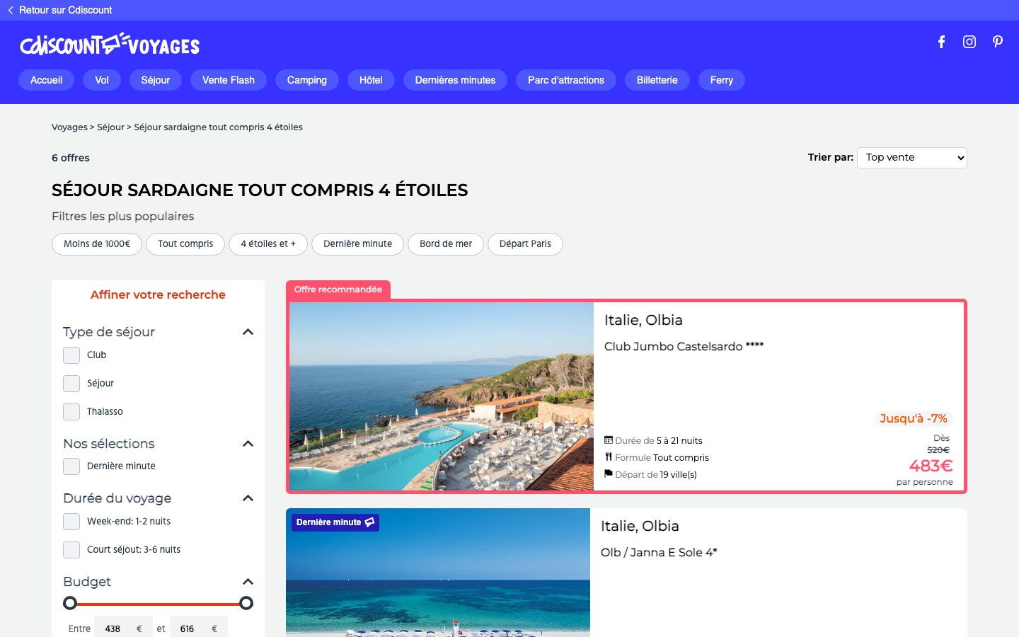 Capture du 23 septembre 2026 de la page Cdiscount Séjour Sardaigne tout compris 4 étoiles : 6 offres, offre recommandée Club Jumbo Castelsardo 4 étoiles, durée de 5 à 21 nuits, formule tout compris, départ de 19 villes, dès 525 euros barré à 483 euros par personne