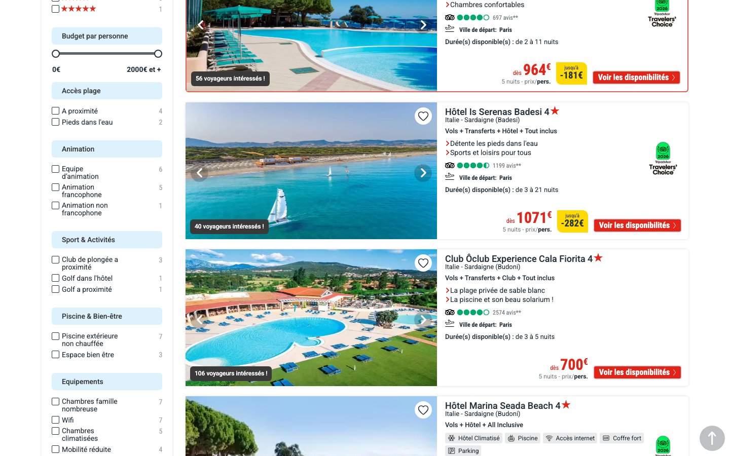Capture du 23 septembre 2026 du listing Fram Sardaigne tout compris : les cartes Marina Seada, Is Serenas Badesi, Ôclub Cala Fiorita avec leurs prix dès 964 euros, 1071 euros et 700 euros, ville de départ Paris