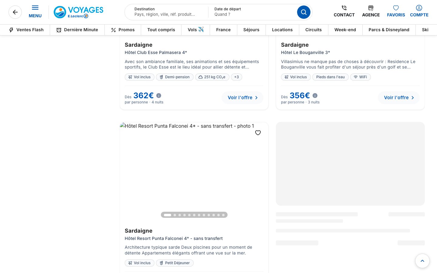 Capture du 23 septembre 2026 du listing Voyages E.Leclerc Sardaigne : offres avec étiquettes Vol inclus, Demi-pension pour le Club Esse Palmasera à 362 euros, Vol inclus seul pour Le Bouganville à 356 euros, et un hôtel sans transfert en petit déjeuner