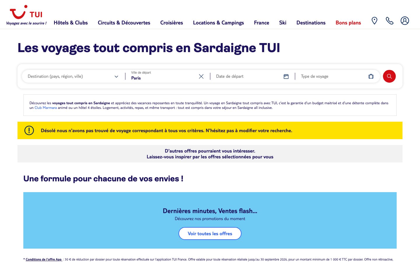 Capture du 23 septembre 2026 de la page TUI Les voyages tout compris en Sardaigne : bandeau jaune Désolé nous n'avons pas trouvé de voyage correspondant à tous vos critères
