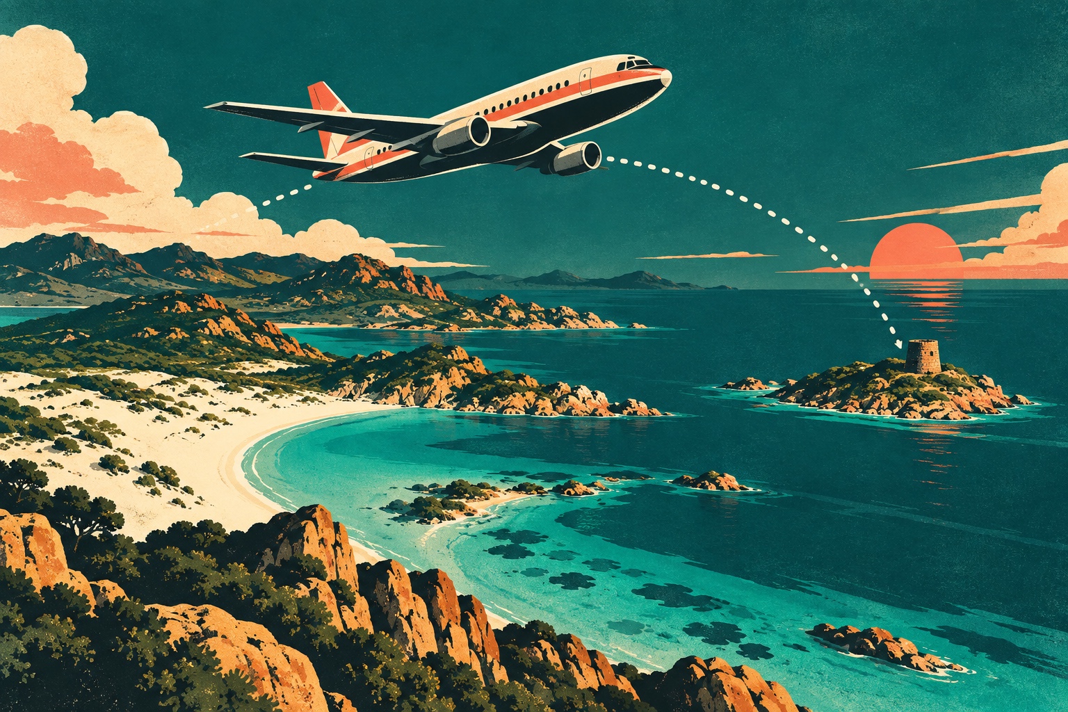 Illustration affiche vintage : avion de ligne descendant vers une côte sarde avec une traînée pointillée jusqu'à un îlot surmonté d'une tour nuragique, criques turquoise et dune de sable blanc