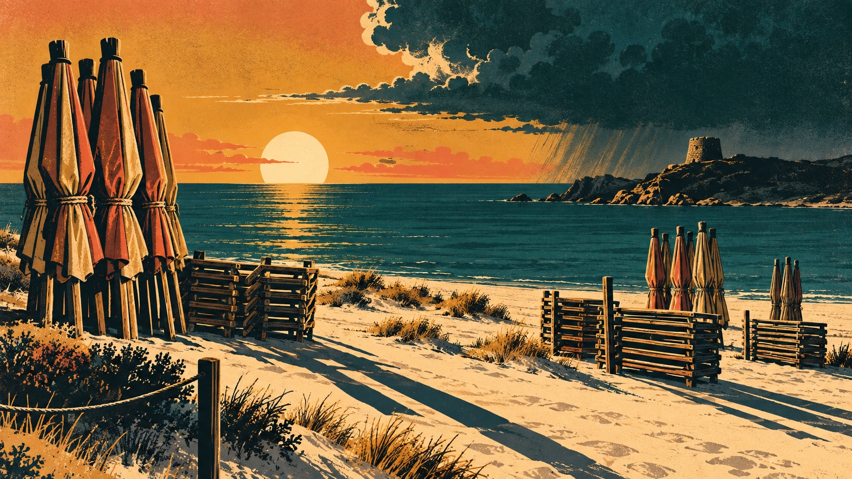 Illustration affiche vintage : parasols de plage repliés sur une dune sarde déserte au soleil couchant, tour nuragique au loin, mer turquoise sombre